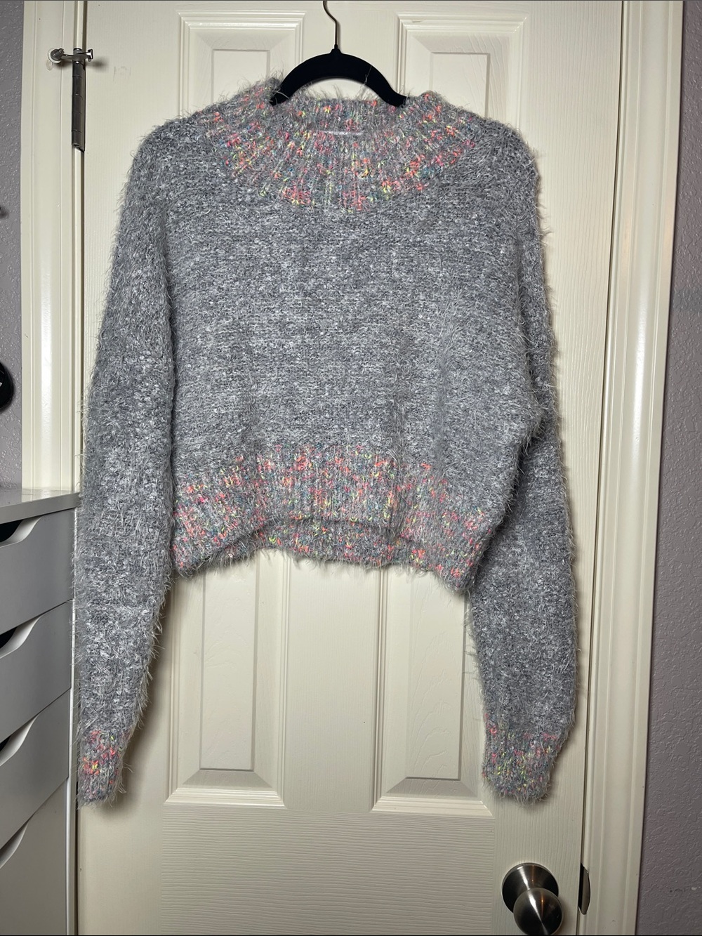 Free People Gray Fuzzy Crewneck Sweater with Pastel Multicolor Trim